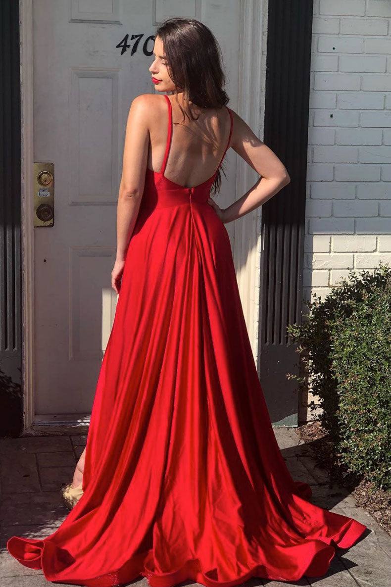 Red satin mermaid long prom dress red long formal dress - RongMoon