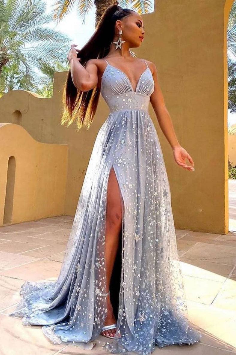 Blue v neck tulle long prom dress blue tulle formal dress - RongMoon