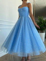 Blue tulle tea length prom dress, blue tulle formal dress - RongMoon