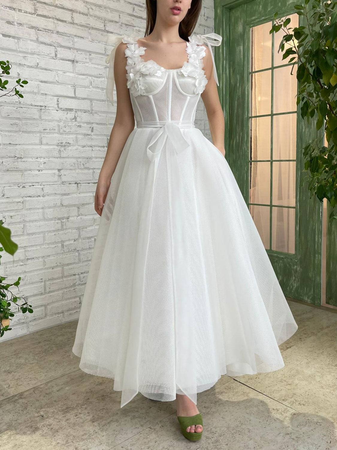 Aline tea length ivory prom dress, tea length formal ivory cocktail dress - RongMoon