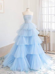 Blue tulle long prom dress, blue tulle evening dress - RongMoon