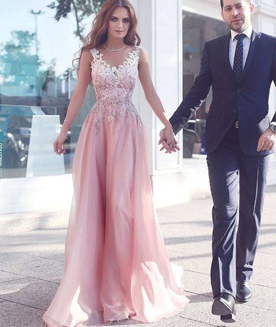 Pink round neck lace long prom dress, pink bridesmaid dresses - RongMoon