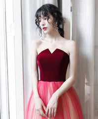 A-Line Tulle Burgundy Long Prom Dresses, Burgundy Formal Party Dress - RongMoon