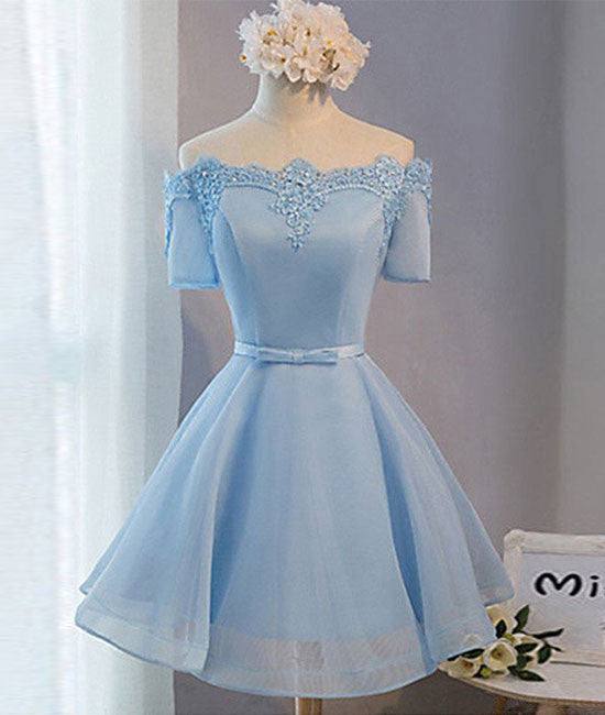 Simple blue lace short prom dress, bridesmaid dress - RongMoon