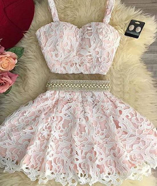 Cute pink two pieces lace short prom dress, pink homecoming dress - RongMoon