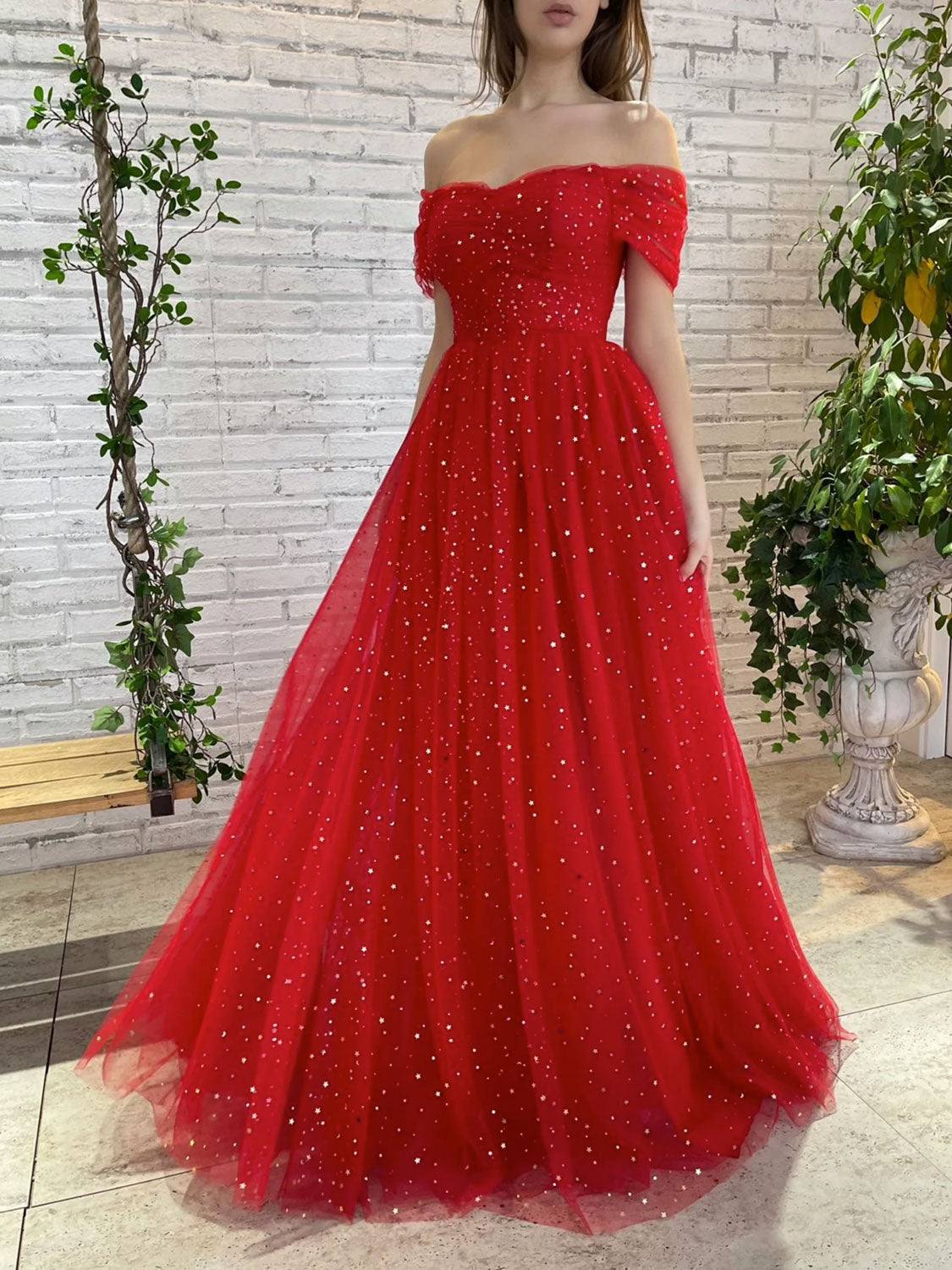 Simple red off shoulder tulle long prom dress, red evening dress - RongMoon