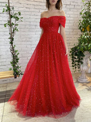 Simple red off shoulder tulle long prom dress, red evening dress - RongMoon