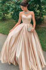 Simple champagne satin long prom dress, evening dress - RongMoon