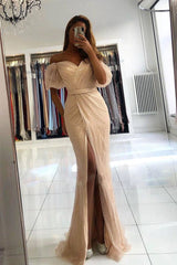Champagne off shoulder tulle mermaid long prom dress tulle evening dress - RongMoon