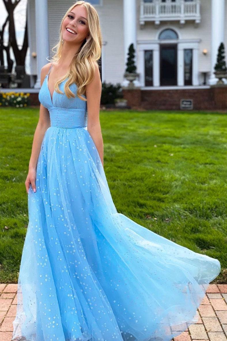Blue v neck tulle beads long prom dress blue tulle evening dress - RongMoon