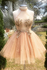 Champagne high neck tulle lace short prom dress tulle formal dress - RongMoon