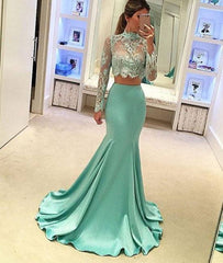Green Mermaid style two pieces lace long prom dress, evening dress - RongMoon