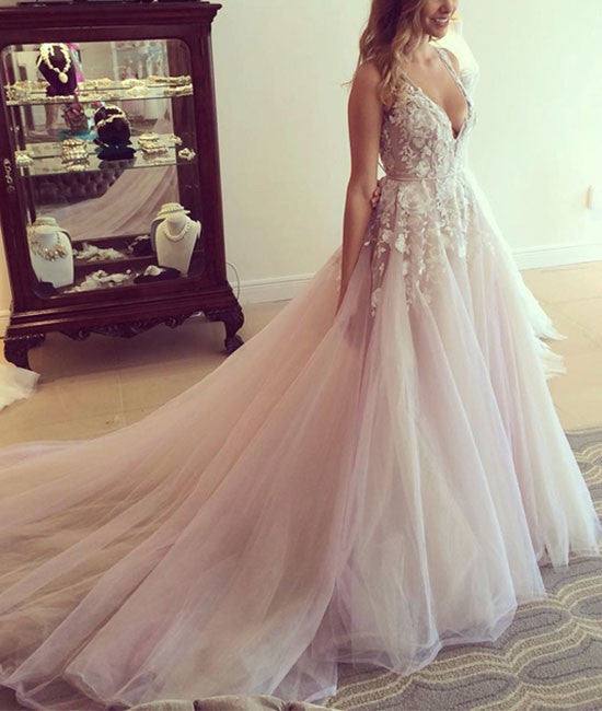 Unique v neck lace tulle long prom dress, evening dress - RongMoon