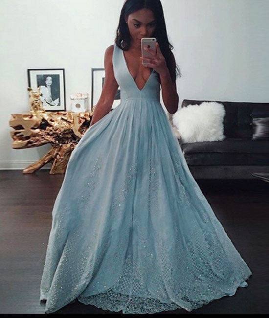 Blue A-line v neck lace long prom dress, blue evening dress - RongMoon