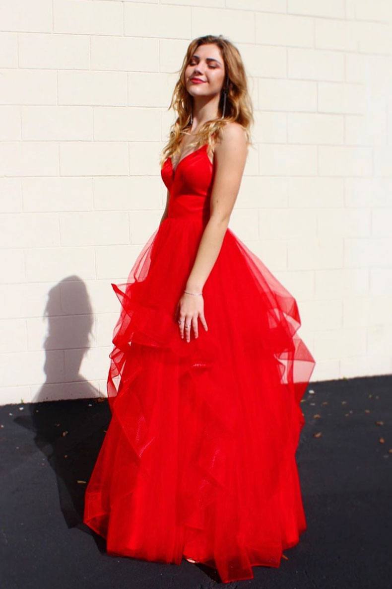Red v neck tulle long prom dress red tulle formal dress - RongMoon