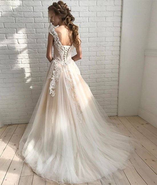 Champagne round neck tulle lace long prom dress, champagne evening dress - RongMoon