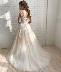 Champagne round neck tulle lace long prom dress, champagne evening dress - RongMoon