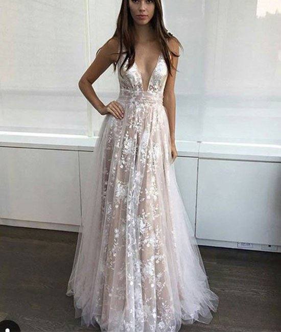 Simple v neck tulle lace long prom dress. lace evening dress - RongMoon
