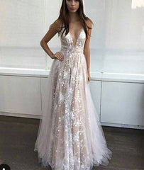 Simple v neck tulle lace long prom dress. lace evening dress - RongMoon