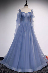 Blue sweetheart tulle sequin long prom dress blue formal dress - RongMoon