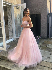 Pink sweetheart tulle lace long prom dress, pink tulle lace evening dress - RongMoon
