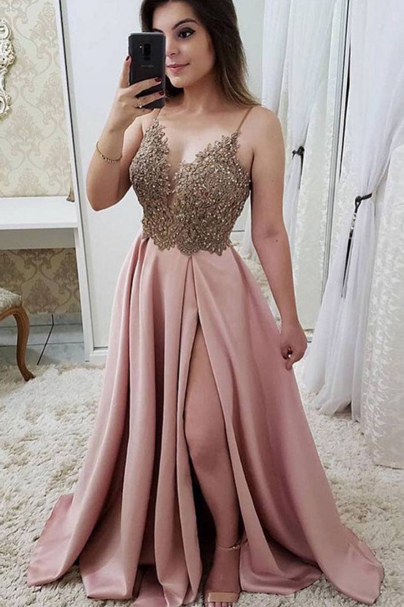 Pink lace long prom dress, pink lace evening dress - RongMoon