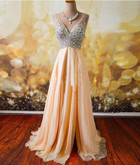 Champagne A-line  v neck Chiffon Long Prom Dress, Formal Dresses - RongMoon