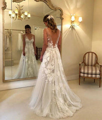 White v neck tulle lace long prom dress, white lace wedding dress - RongMoon