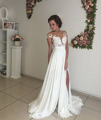 ivory chiffon lace round neck long prom dress, evening dress - RongMoon