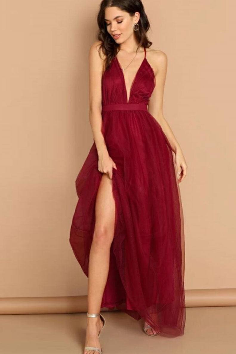 Simple v neck burgundy tulle long prom dress burgundy evening dress - RongMoon