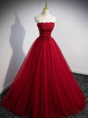 Burgundy A line tulle long prom dress, burgundy evening dress - RongMoon