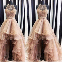 Hi Low Robe De Soiree Ball Gown High Collar Organza Lace Pearls Sexy Long Prom Dresses Prom Gown Evening Dresses - RongMoon
