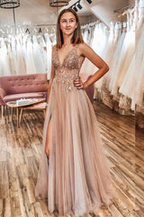 champagne v neck tulle long prom dress champagne tulle formal dress - RongMoon
