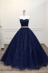 Dark blue sweetheart tulle long prom dress, blue tulle formal dress - RongMoon