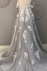 Gray tulle lace long prom dress gray tulle lace formal dress - RongMoon