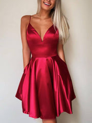 Simple v neck satin burgundy short prom dress, homecoming dress - RongMoon