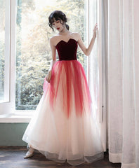 A-Line Tulle Burgundy Long Prom Dresses, Burgundy Formal Party Dress - RongMoon