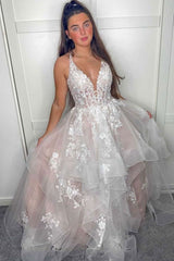 Light champagne v neck tulle lace long prom dress lace evening dress