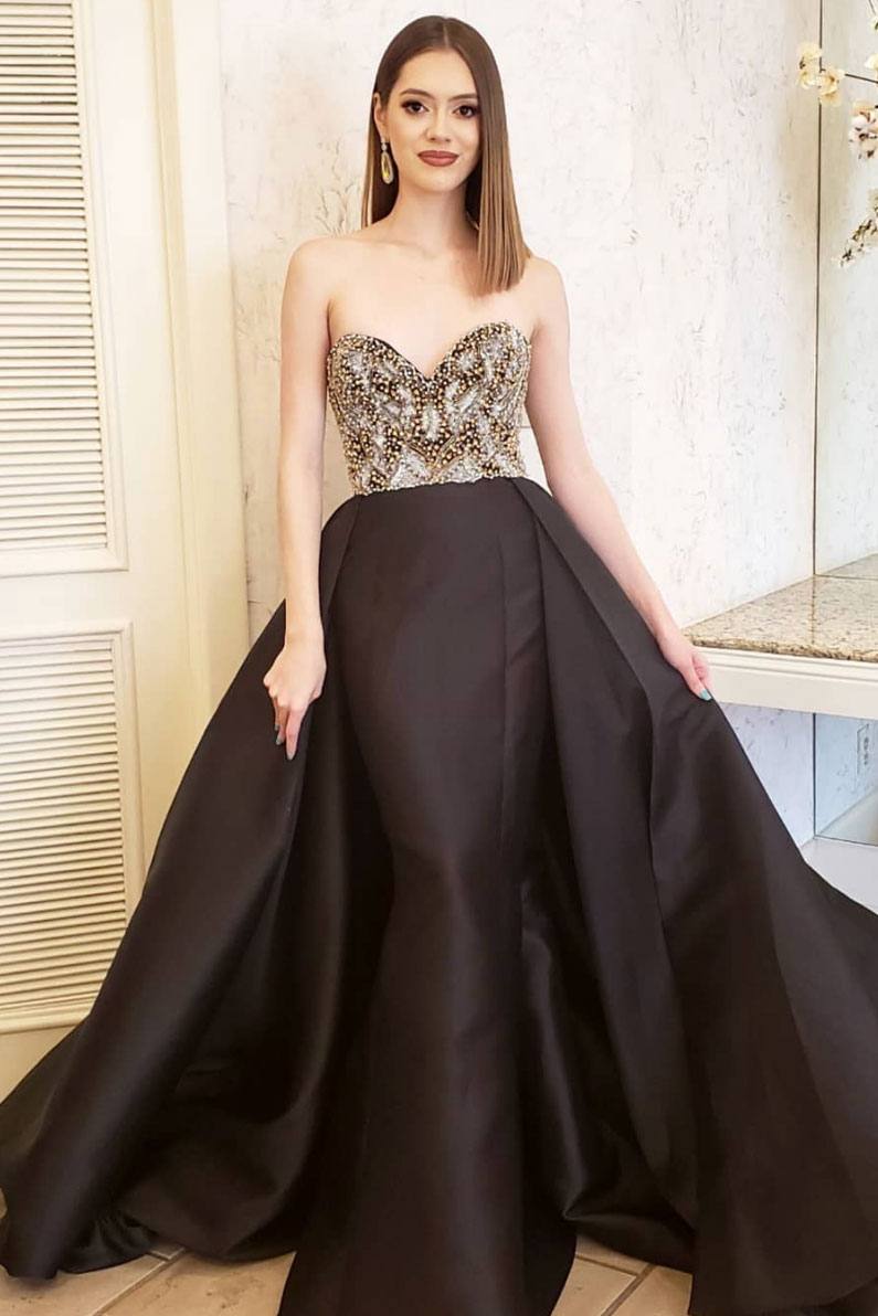 Black sweetheart sequin long prom dress black evening dress - RongMoon