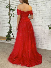 Simple red off shoulder tulle long prom dress, red evening dress - RongMoon