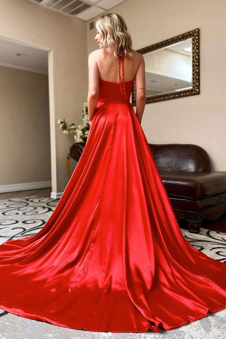 Simple red v neck satin long prom dress red evening dress - RongMoon