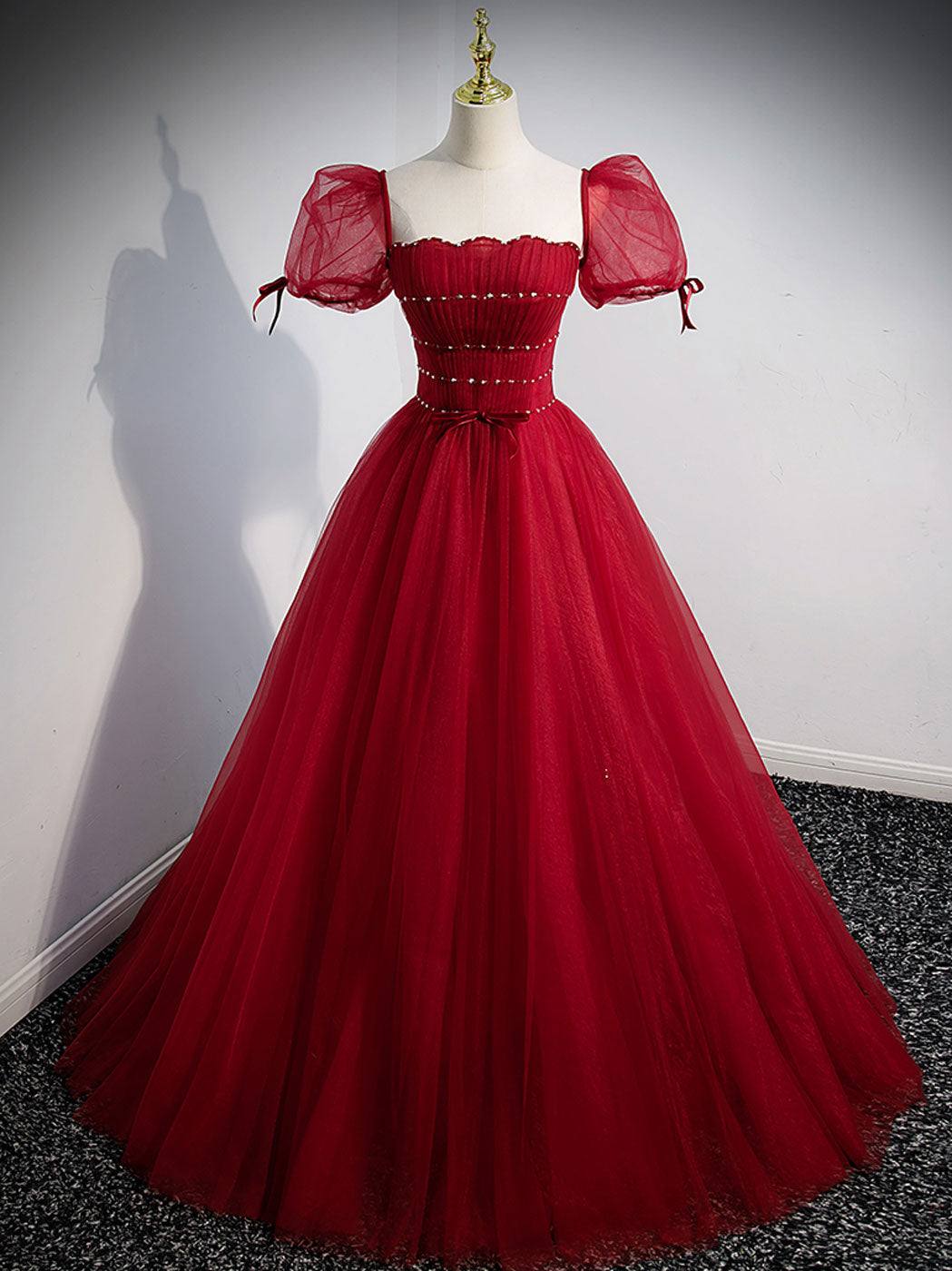 Burgundy A line tulle long prom dress, burgundy evening dress - RongMoon