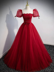 Burgundy A line tulle long prom dress, burgundy evening dress - RongMoon
