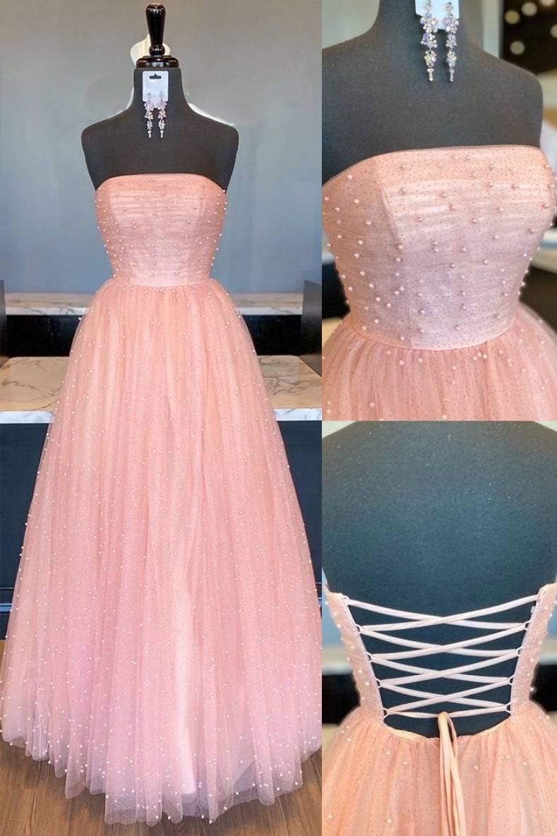 Pink tulle A-line long prom dress tulle formal dress - RongMoon