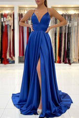 Simple blue v neck satin long prom dress blue evening dress - RongMoon