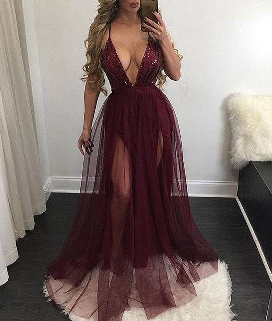 Unique v neck tulle long prom dress for teens, formal dress - RongMoon