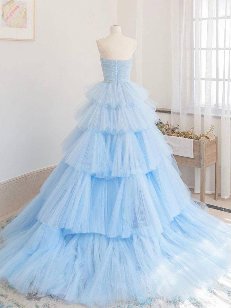 Blue tulle long prom dress, blue tulle evening dress - RongMoon