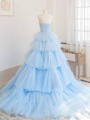 Blue tulle long prom dress, blue tulle evening dress - RongMoon
