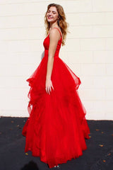 Red v neck tulle long prom dress red tulle formal dress - RongMoon