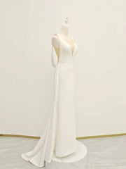 White v neck long prom dress, white evening dress - RongMoon